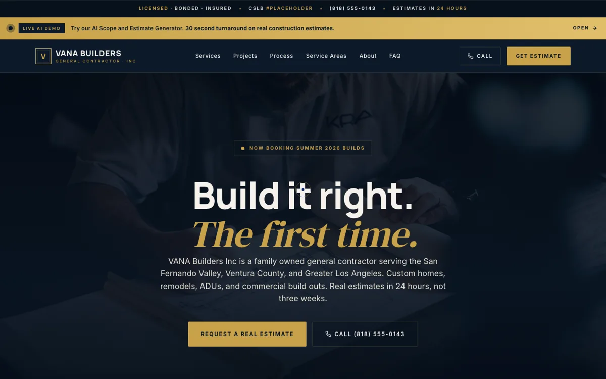 Vana Builders website designed and built by Landon Scales