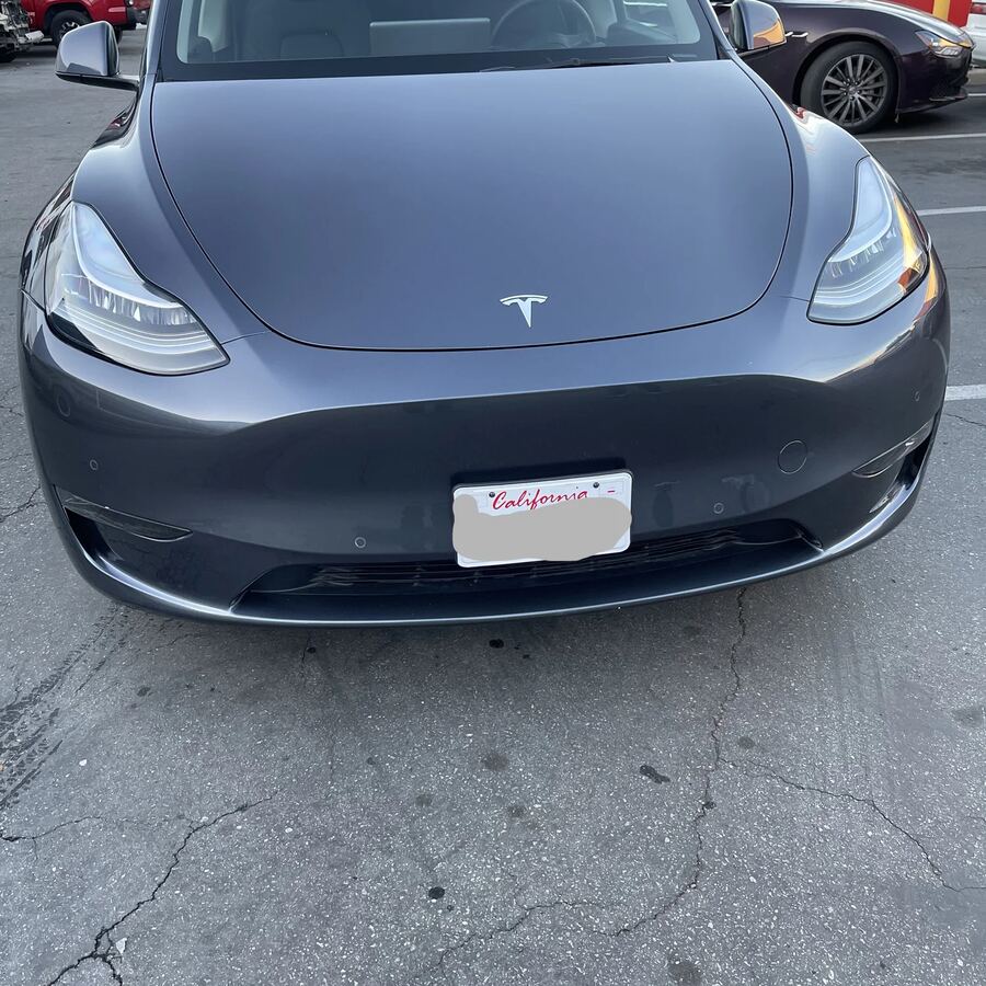 Grey Tesla Model Y repaired at The California Auto Body Shop