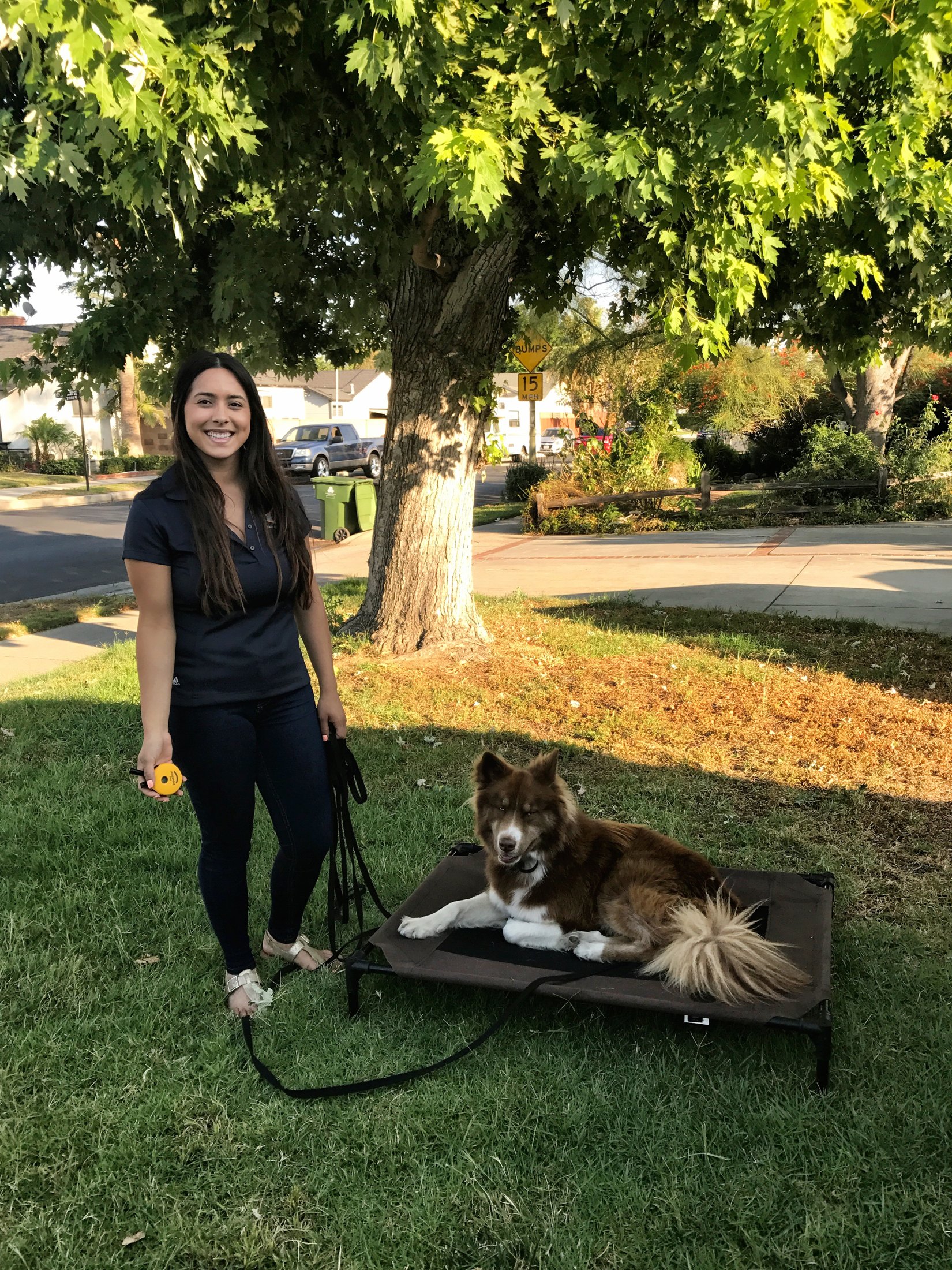 Laura Rice working on place command training with a dog at a San Fernando Valley park