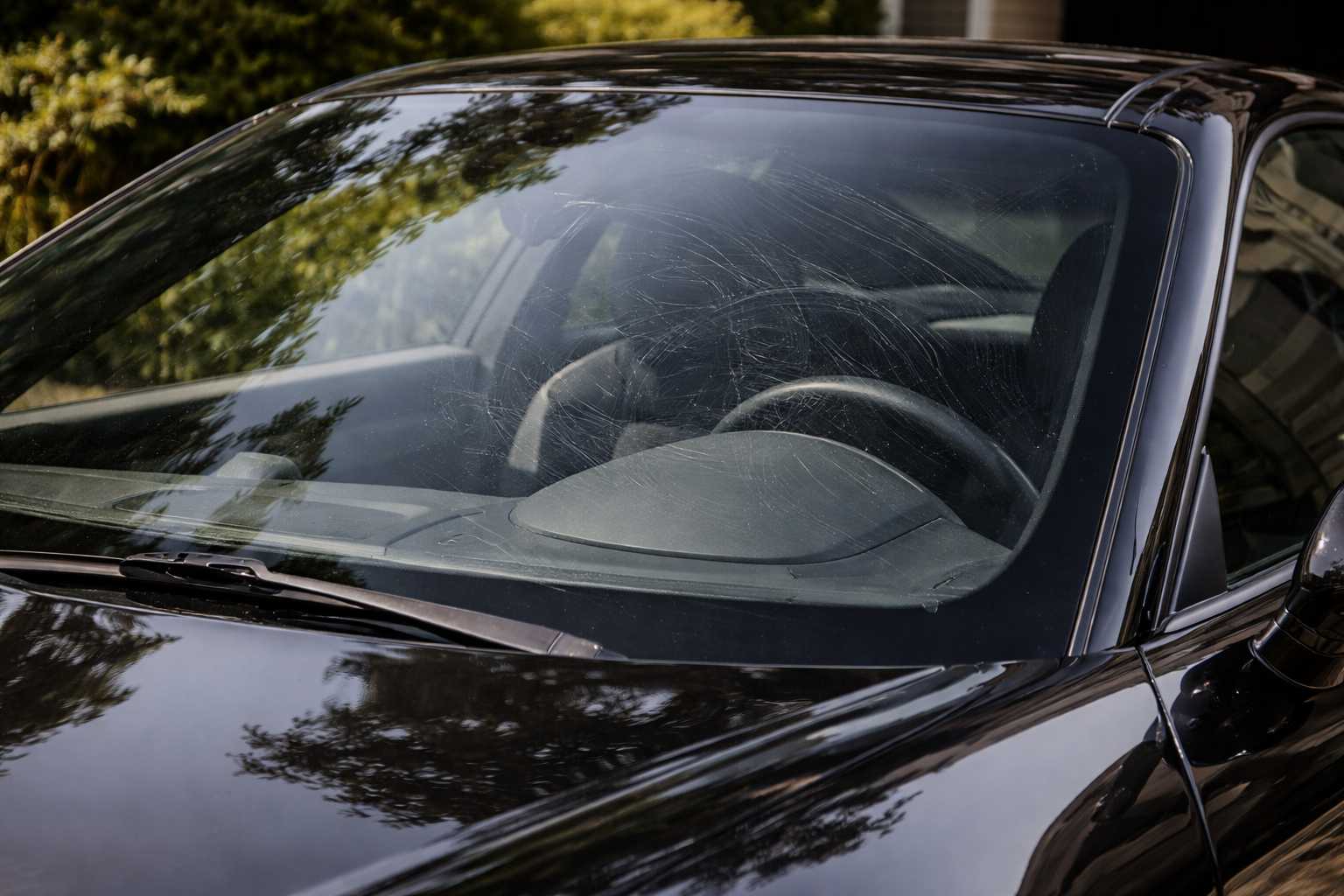 Windshield before restoration — wiper-arc surface scratches