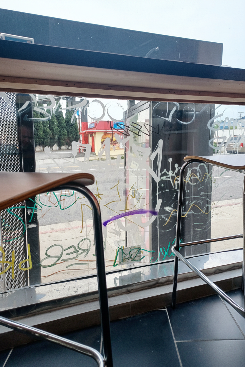 Storefront glass before restoration — acid-etched graffiti damage